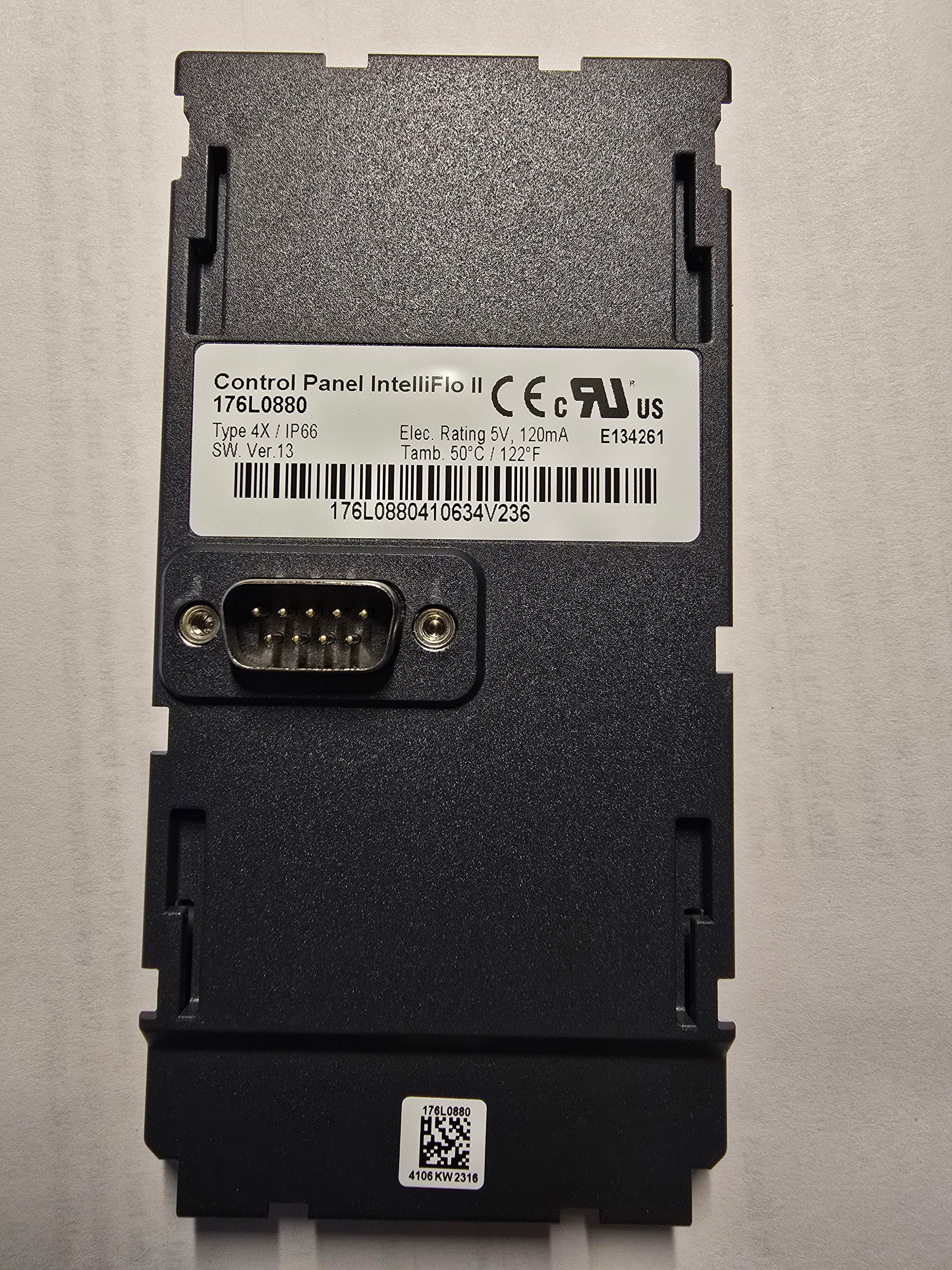 Pentair IntelliFlo II Control Panel back — part number 176L0880, DB9 connector, IP66 rated
