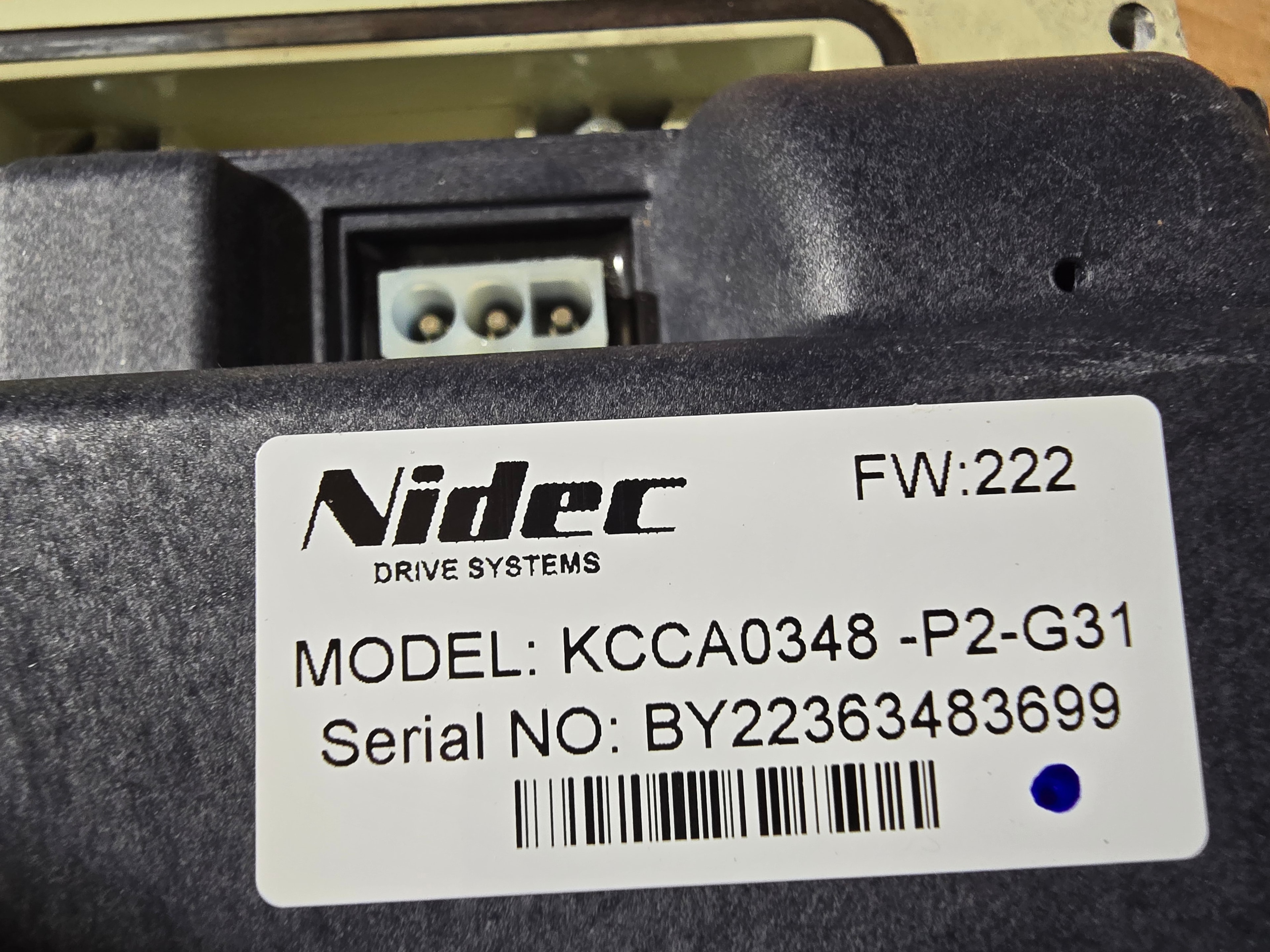 Pentair VST drive label — model KCCA0348-P2-G31, firmware FW:222, serial BY22363483699